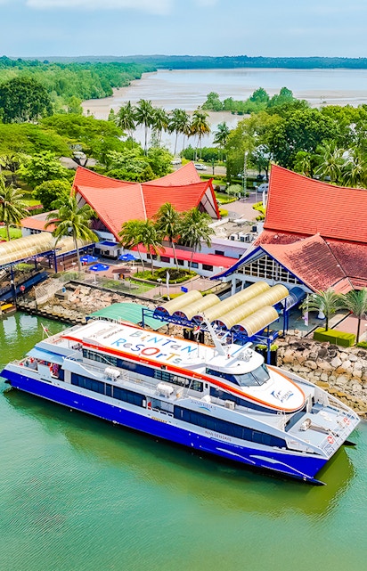 Ferry docked at Bintan Resorts terminal with red-roofed buildings and lush greenery.