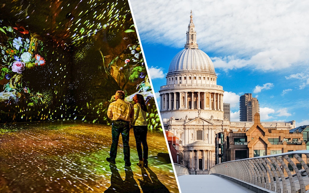 St Paul's Cathedral dome and visitors at Frameless London art exhibit.