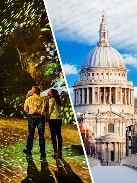 St Paul's Cathedral dome and visitors at Frameless London art exhibit.