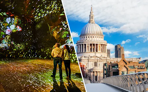 St Paul's Cathedral dome and visitors at Frameless London art exhibit.