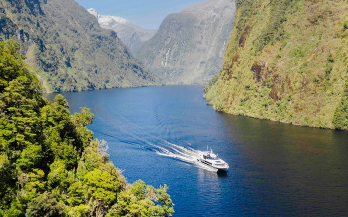 Cruise boat on Doubtful Sound with lush mountains in the background.
