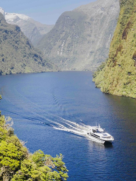Cruise boat on Doubtful Sound with lush mountains in the background.