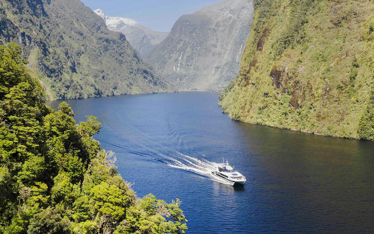 Cruise boat on Doubtful Sound with lush mountains in the background.