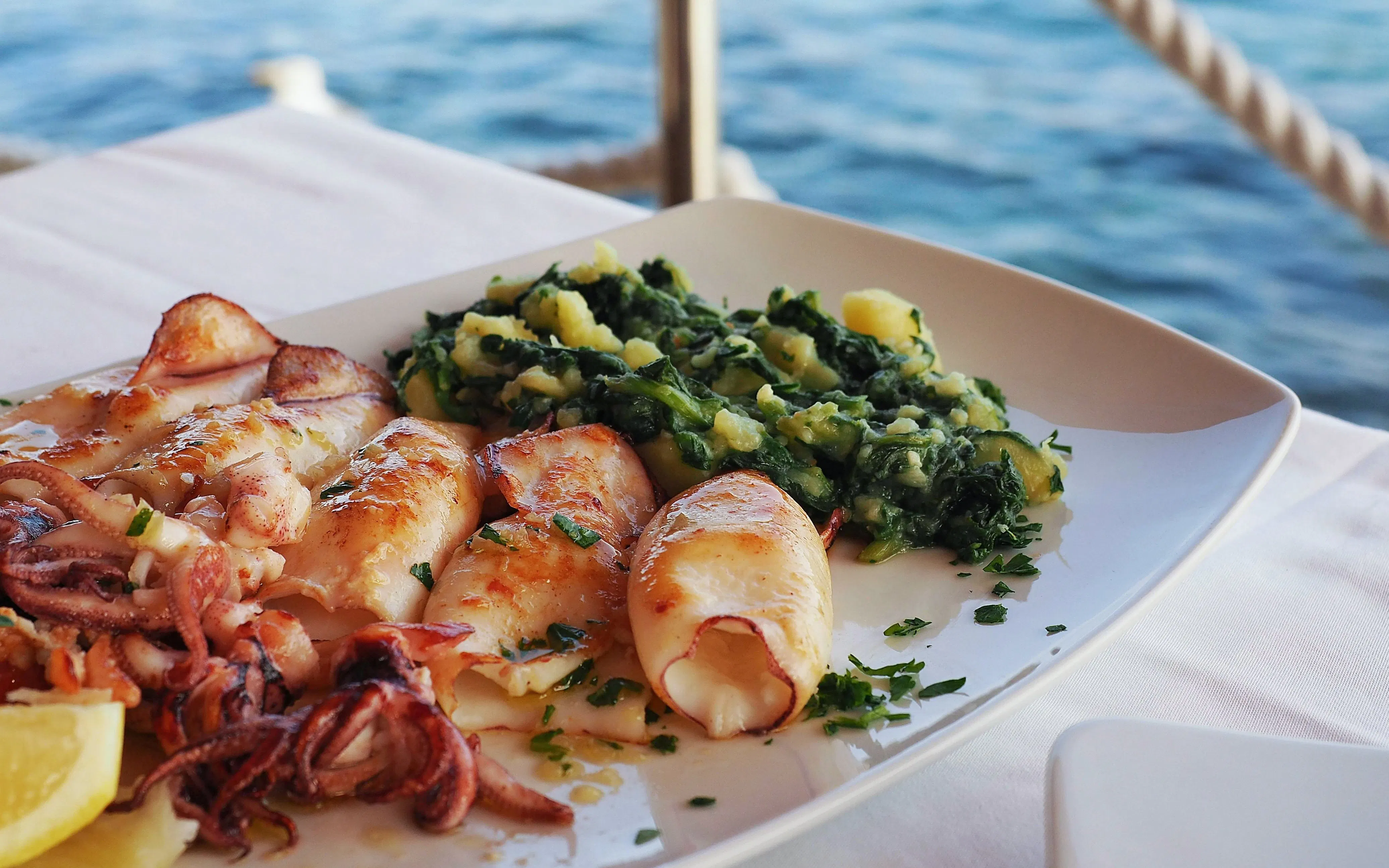 Grilled squid with boiled potatoes and chard on a white plate by the sea in Trogir.