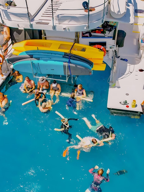 Tourists swimming near a chartered catamaran in the Whitsundays.