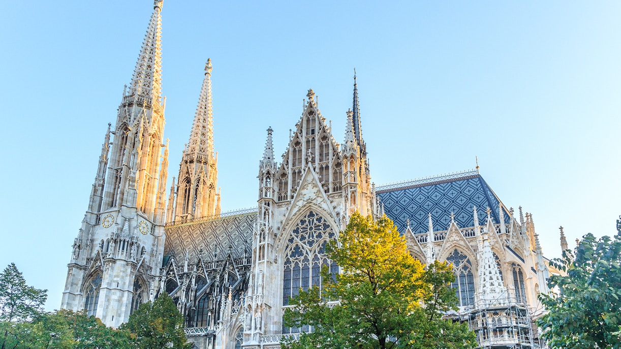Votive Church in Vienna with twin spires and intricate Gothic architecture.
