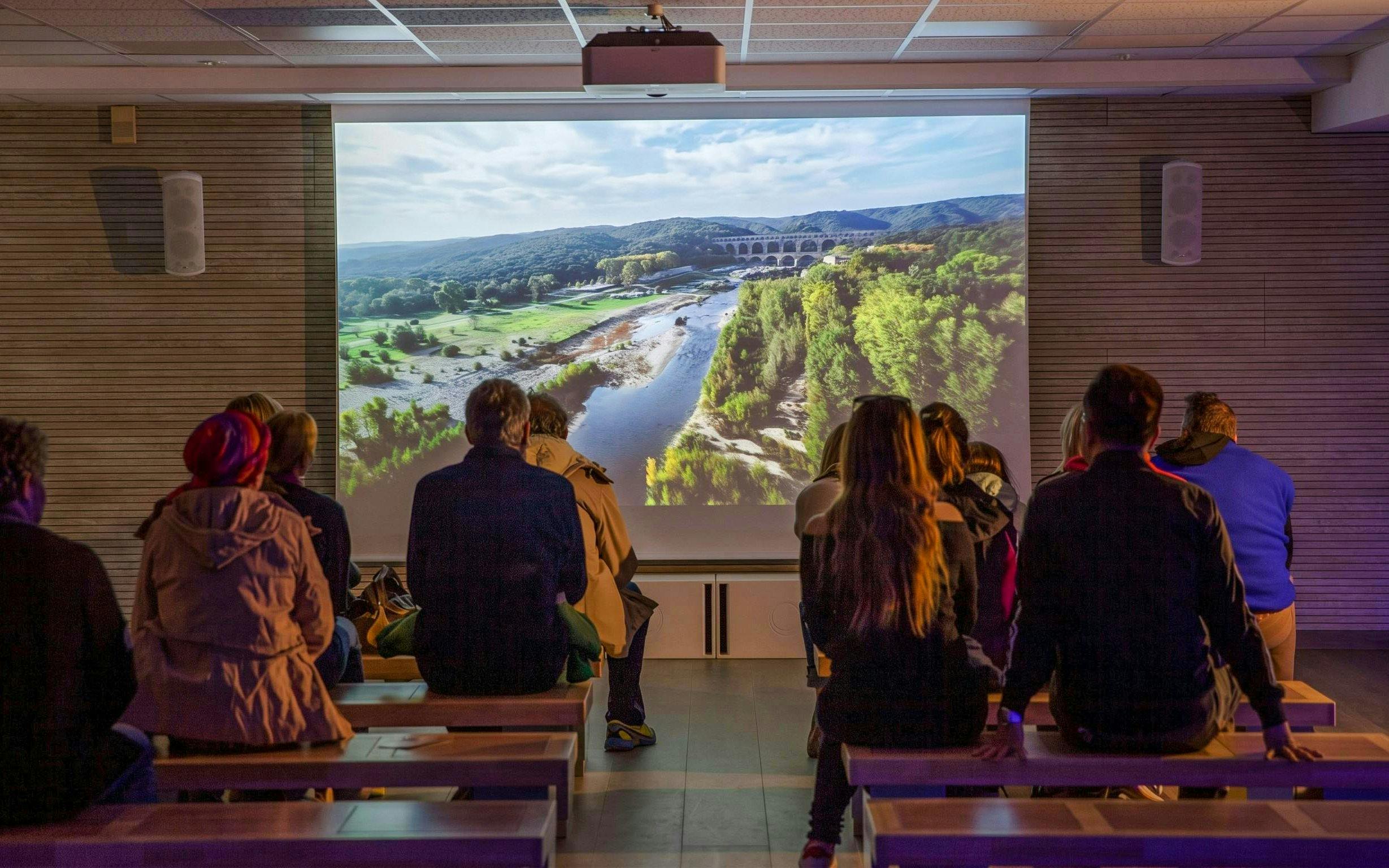 Visitors watching a Pont du Gard documentary at the museum.