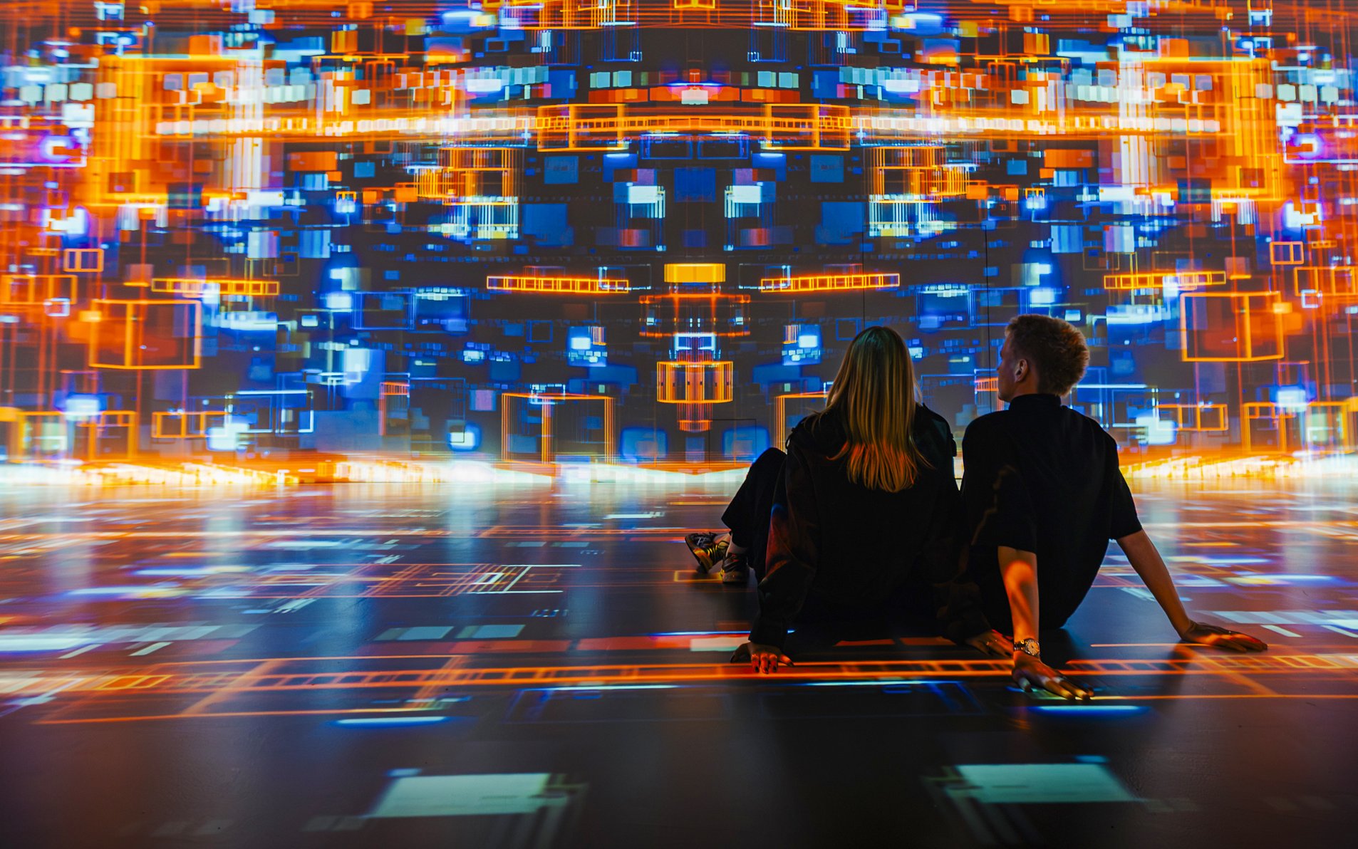 Guests viewing digital art projections at Signal Space Digital Art Gallery.