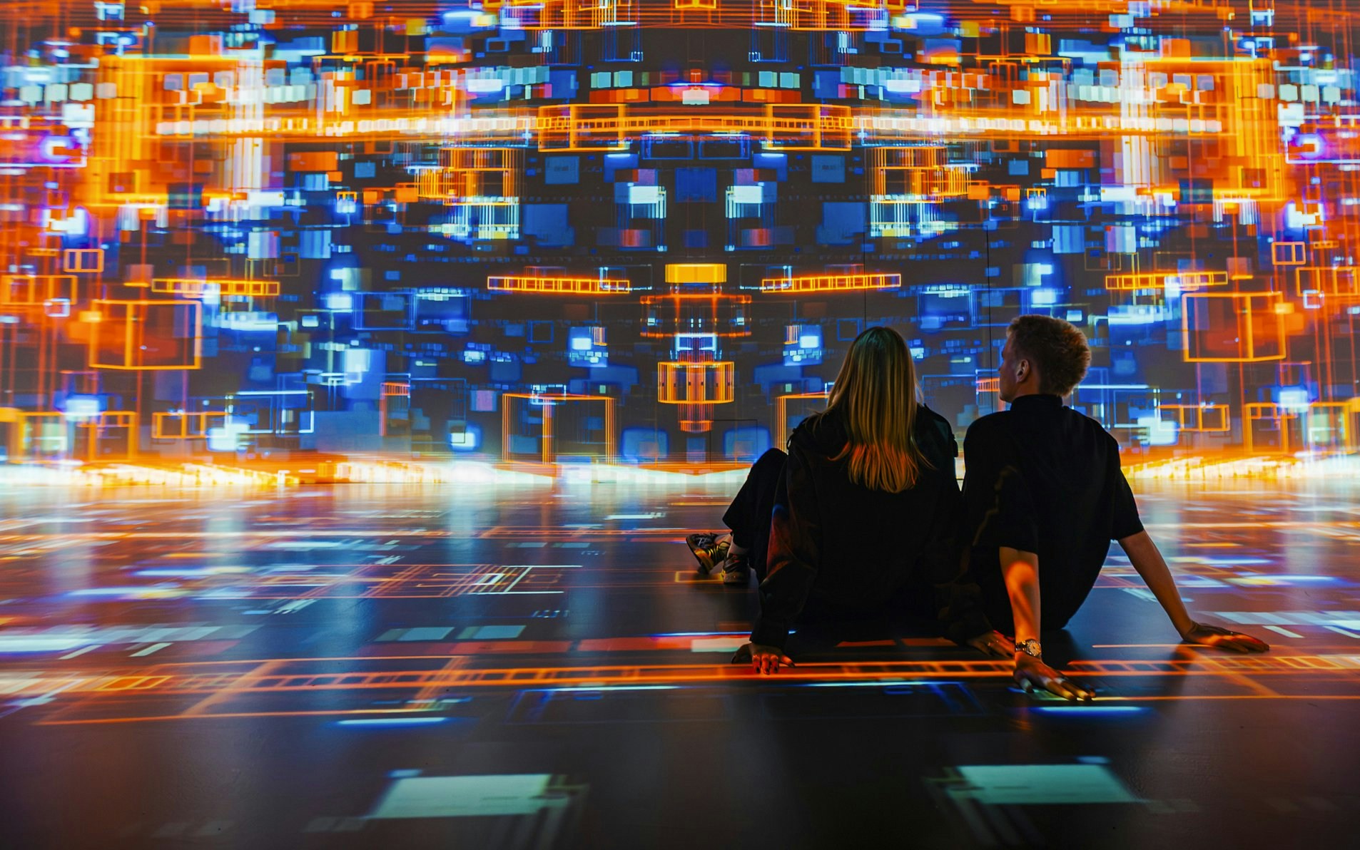 Guests viewing digital art projections at Signal Space Digital Art Gallery.