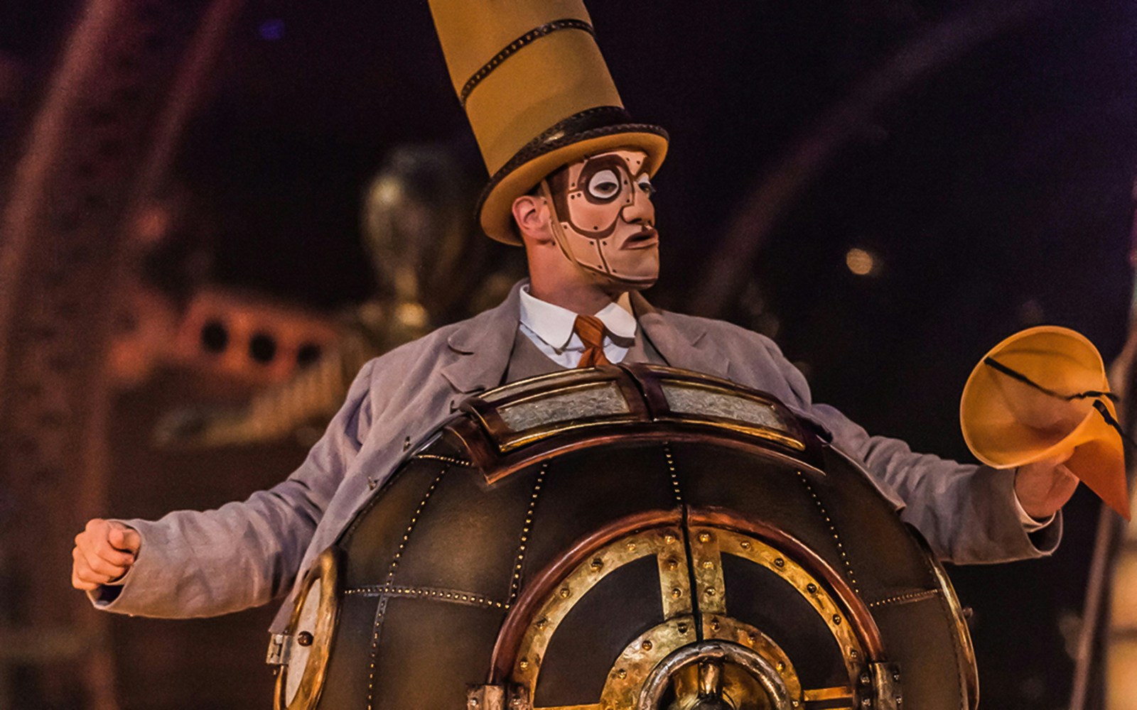 Performer in steampunk costume at Cirque du Soleil: Kurios show.