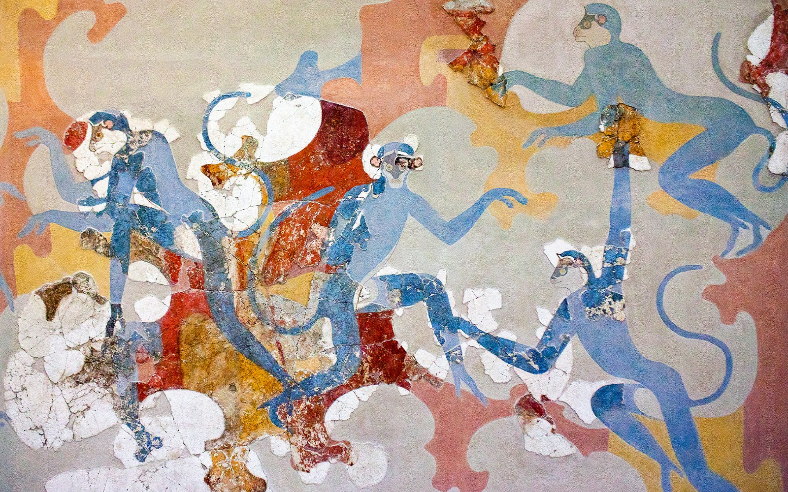 Blue monkeys wall painting from Minoan Settlement of Akrotiri, Santorini, Greece.