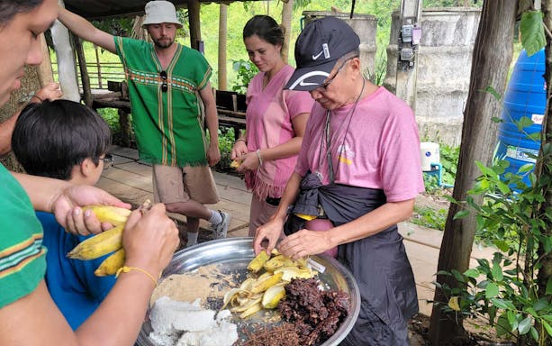 Preparing elephant meals with bananas and rice, Elephant Tour in Chiang Mai.