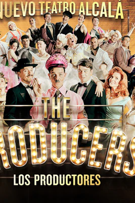 Cast of "The Producers" at Nuevo Teatro Alcalá, Madrid, in theatrical costumes.