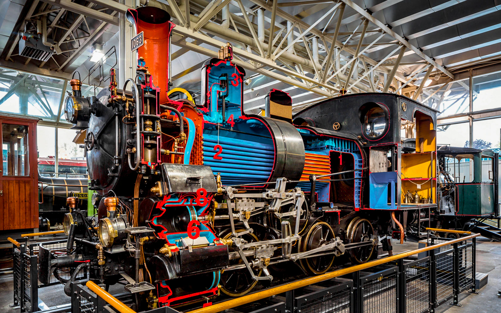 Locomotive engine display at Rail Transport Hall, Swiss Museum of Transport.