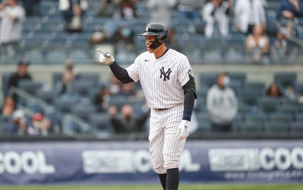 Baseball player in New York Yankees uniform during game against Boston Red Sox, June 10, 2023.