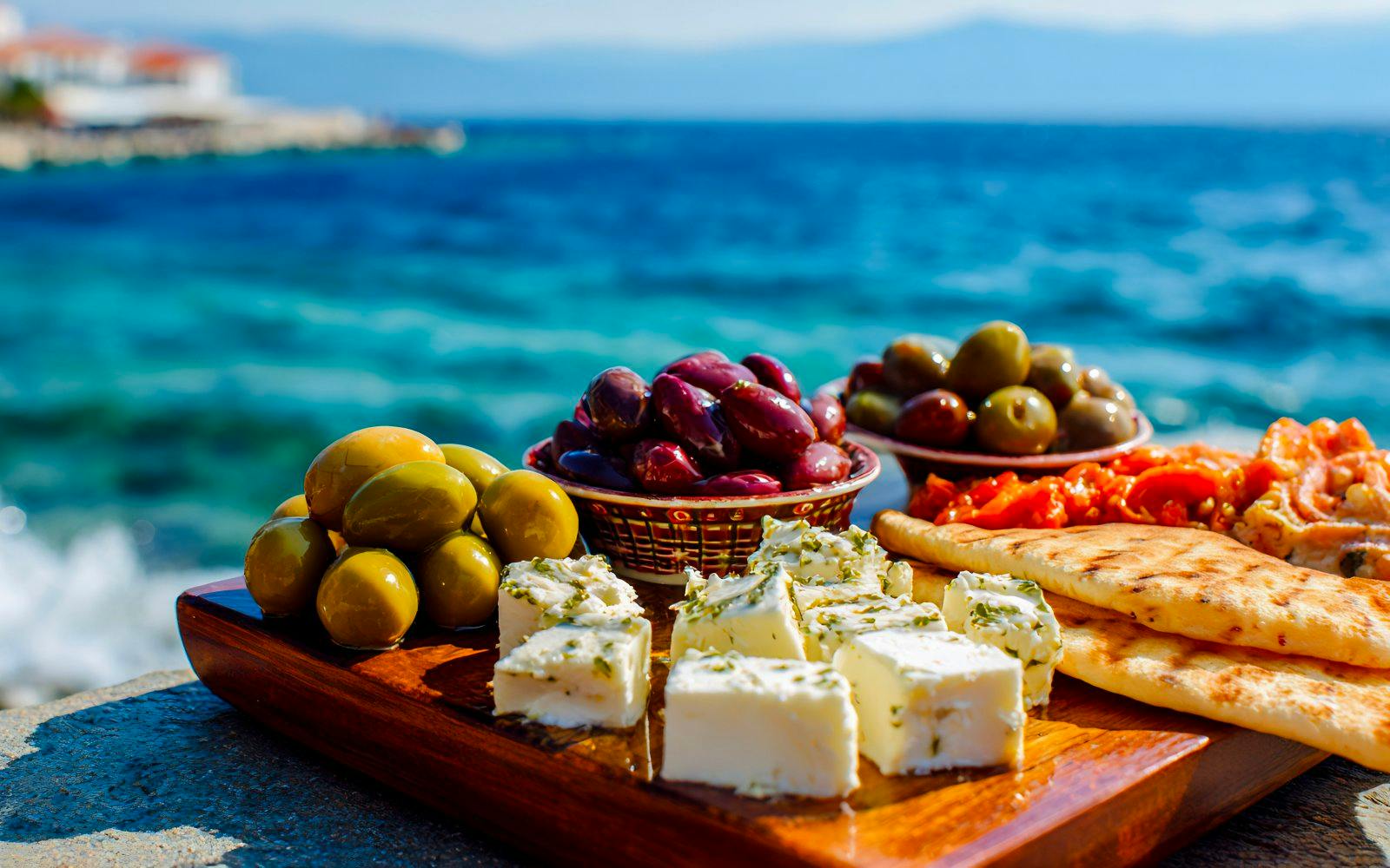Lunch spread with olives, feta cheese, and bread by the sea during Shipwreck Beach tour.