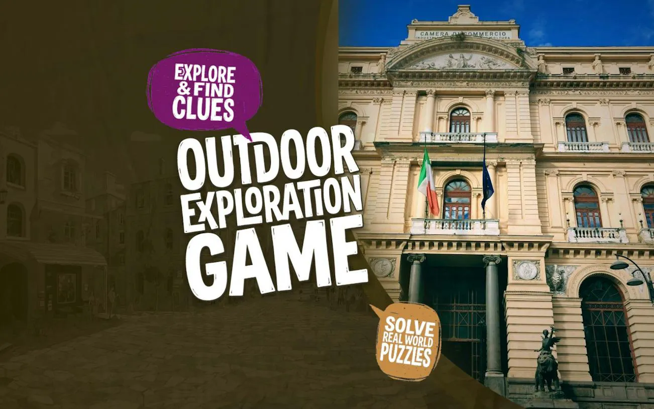 Outdoor exploration game poster with historic building in Naples, Italy.