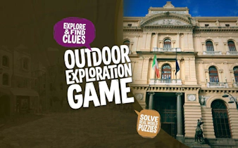 Outdoor exploration game poster with historic building in Naples, Italy.