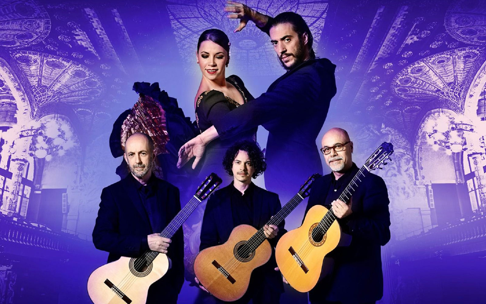 Barcelona Guitar Trio and Flamenco dancers with ornate ceiling backdrop.