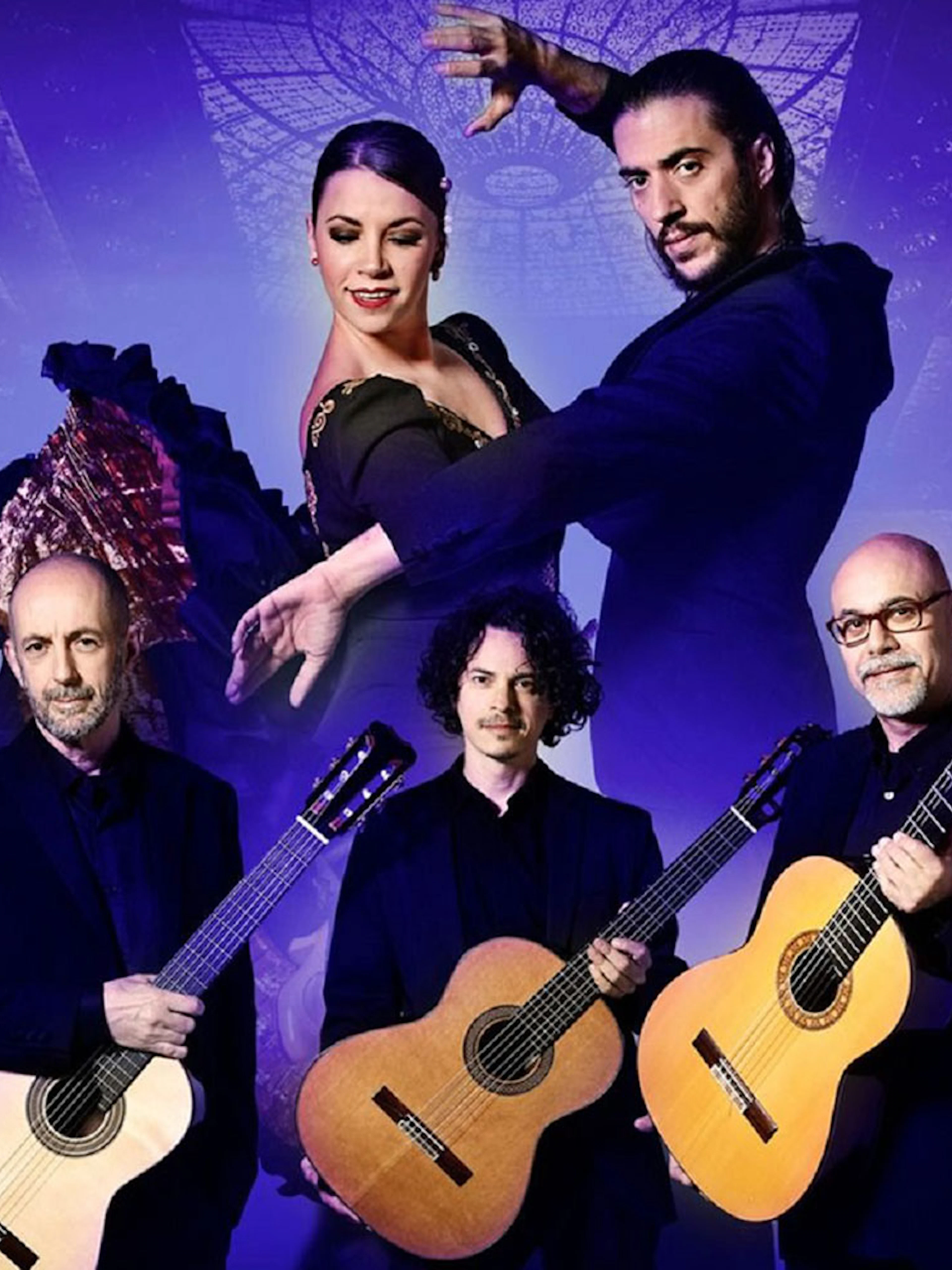 Barcelona Guitar Trio and Flamenco dancers with ornate ceiling backdrop.
