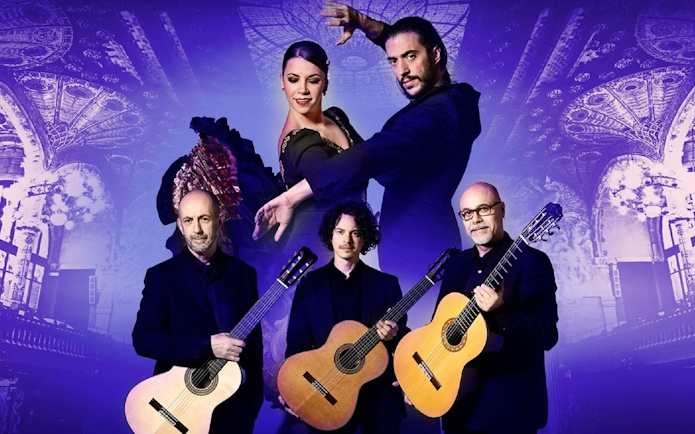 Barcelona Guitar Trio and Flamenco dancers with ornate ceiling backdrop.
