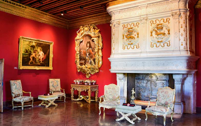 Ornate room with red walls, classic paintings, and a decorative fireplace in a historic European palace.
