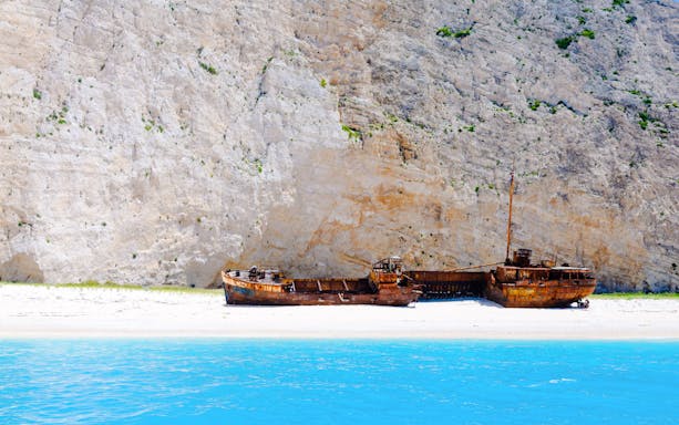 Shipwreck MV Panagiotis on sandy beach at Navagio Bay, Zakynthos.