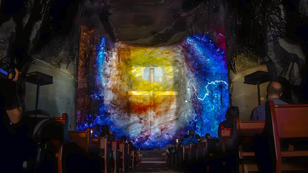 State-of-the-art projection in central nave of Salt Cathedral of Zipaquirá.