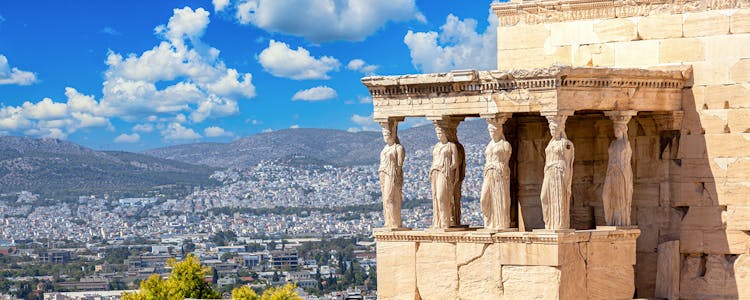 Erechtheion temple on the Acropolis, Athens, showcasing ancient Greek architecture.