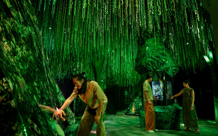 Visitors exploring the lush green rainforest exhibit at Exploria, Mandai Wildlife.