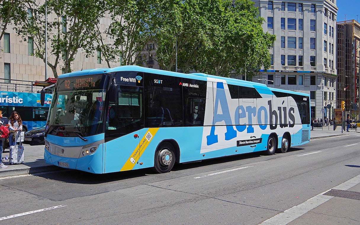 Aerobus at Barcelona street, offering airport transfer service.