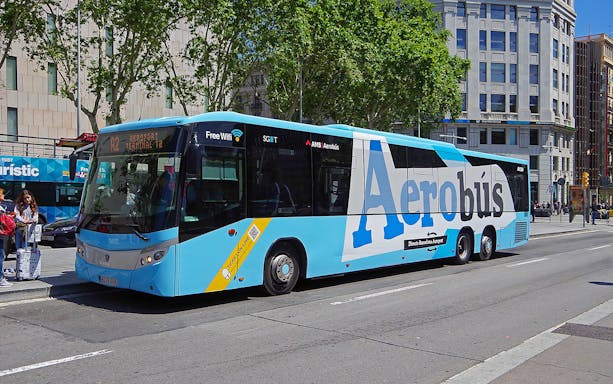 Aerobus at Barcelona street, offering airport transfer service.