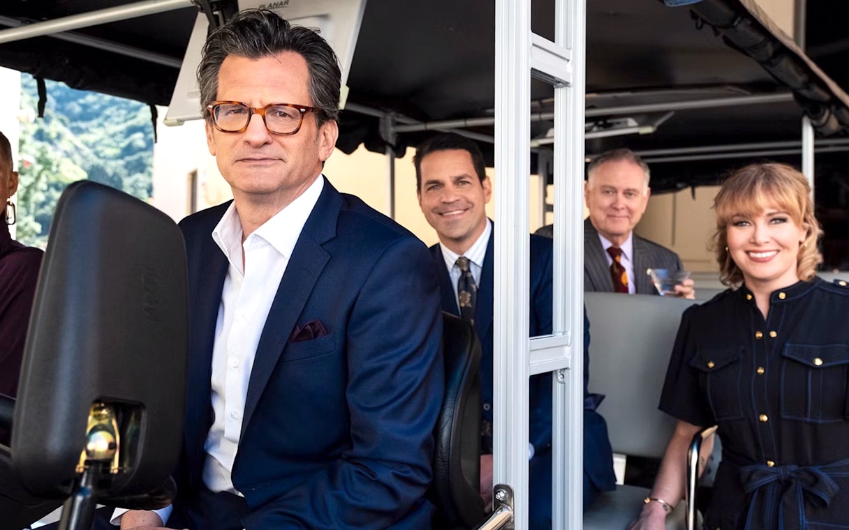 Tour group on tram at Warner Bros. Studio Tour Hollywood, TCM Classic Films Tour.