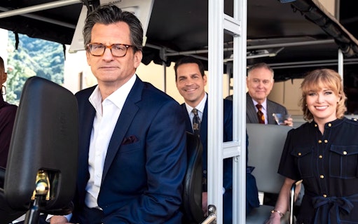 Tour group on tram at Warner Bros. Studio Tour Hollywood, TCM Classic Films Tour.