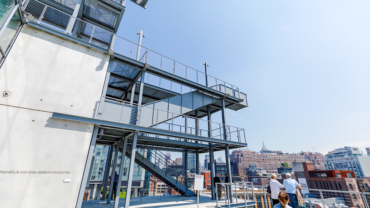 Whitney Museum of Art rooftop terrace with city skyline view in New York City.