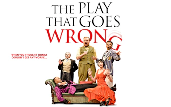 Cast of "The Play That Goes Wrong" in comedic poses on stage.