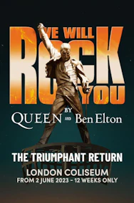 We Will Rock You musical poster with cast members in London.