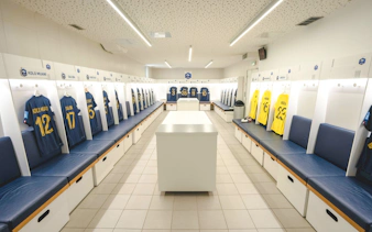 Clairefontaine locker room with French national team jerseys, Paris, France.