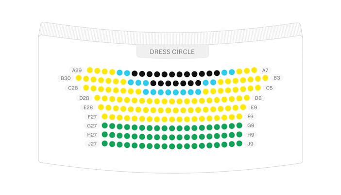 Dress Circle seating chart at Gielgud Theatre.