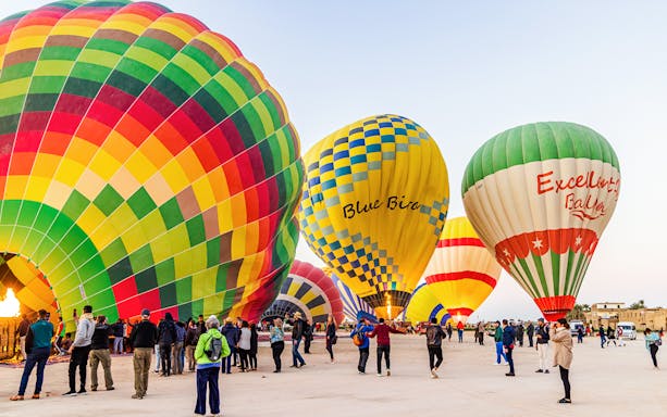Hot air balloon over Cappadocia's unique rock formations, Turkey.