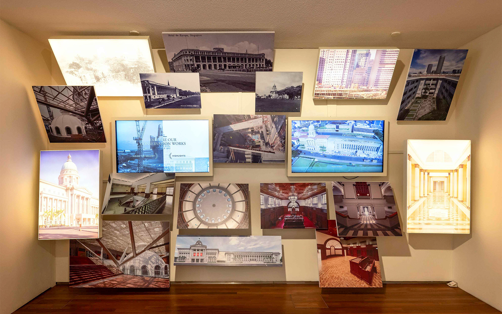 Collage of historical and architectural images inside National Gallery Singapore exhibit.