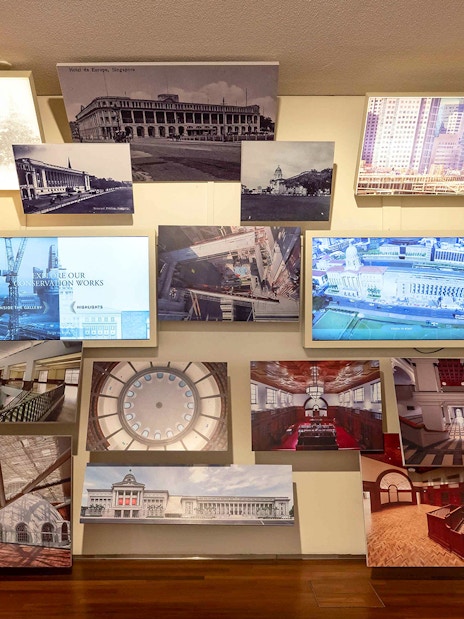 Collage of historical and architectural images inside National Gallery Singapore exhibit.