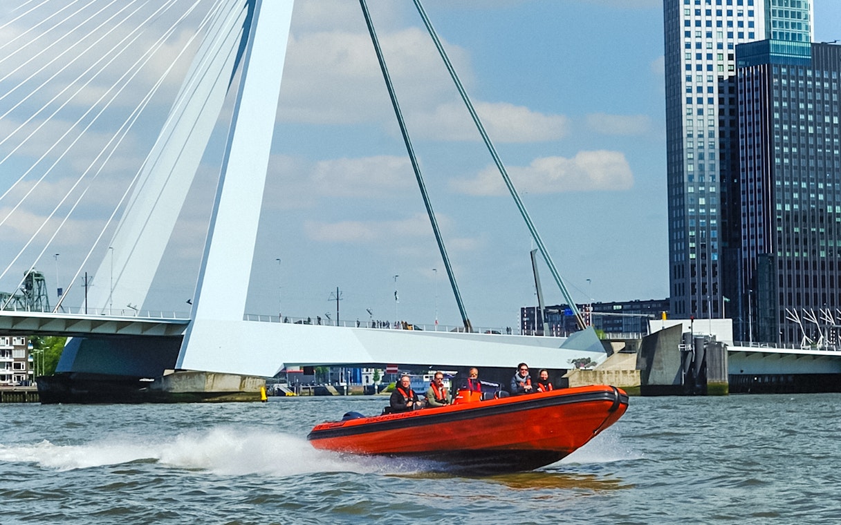 RIB speedboat tour in Rotterdam Harbour near Erasmus Bridge.