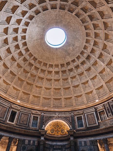 Skylight dome interior of the Pantheon in Rome, Italy.