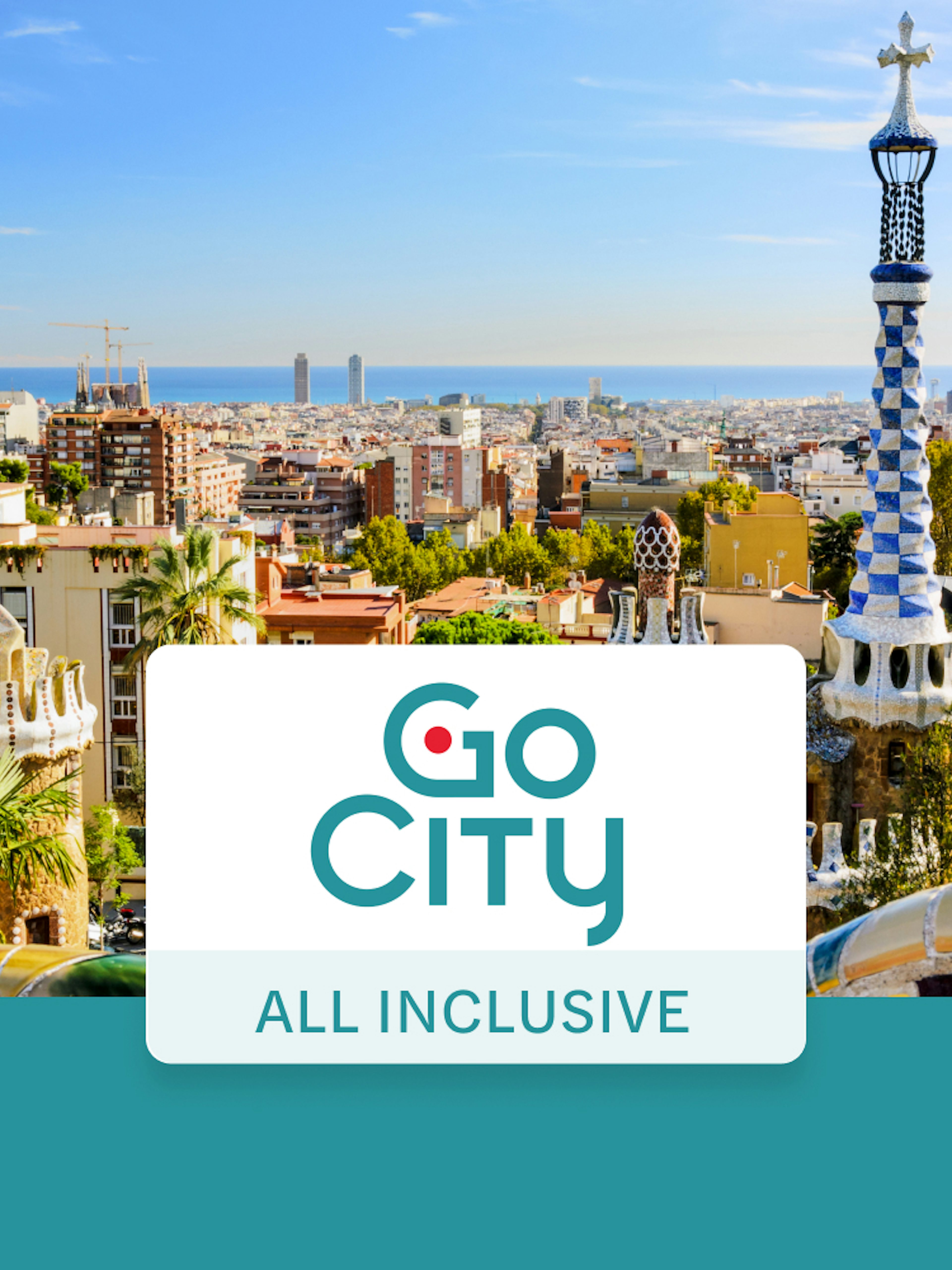 Barcelona cityscape with Park Güell architecture, promoting The Barcelona Pass.