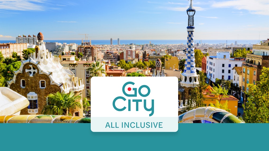 Barcelona cityscape with Park Güell architecture, promoting The Barcelona Pass.