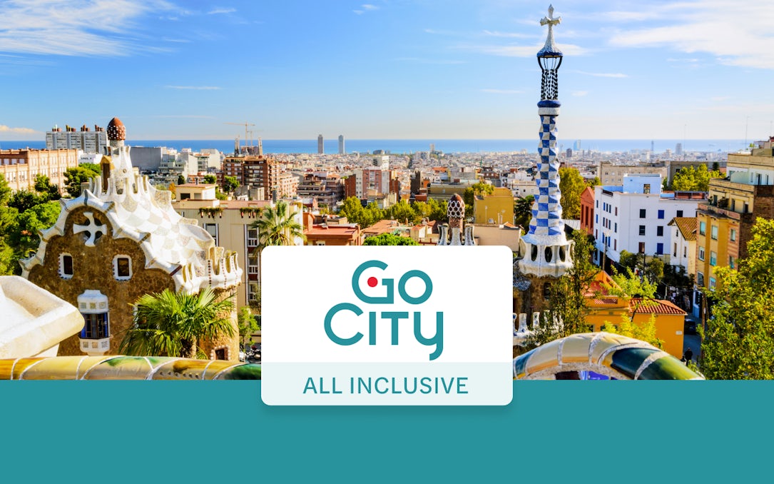 Barcelona cityscape with Park Güell architecture, promoting The Barcelona Pass.