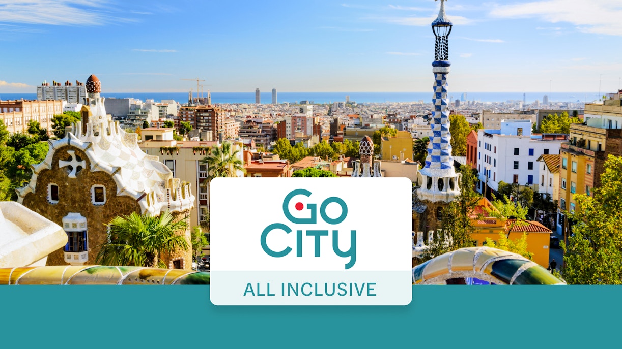 Barcelona cityscape with Park Güell architecture, promoting The Barcelona Pass.