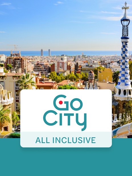 Barcelona cityscape with Park Güell architecture, promoting The Barcelona Pass.