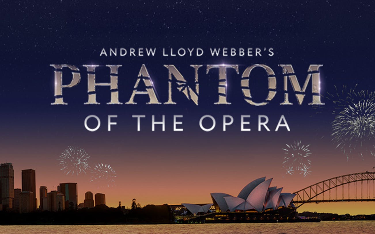 Phantom of the Opera poster with Sydney Opera House and Harbour Bridge at sunset.